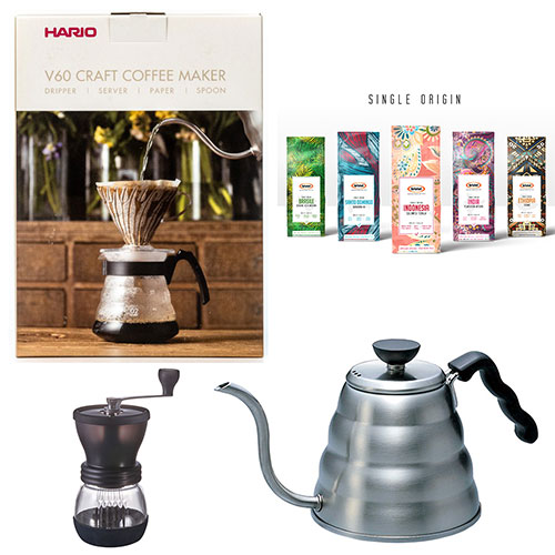 Hario V60 slow coffee starter kit + Hario Koffiemolen + Hario Waterketel 1,2ltr + Bristot single origin bonen pakket